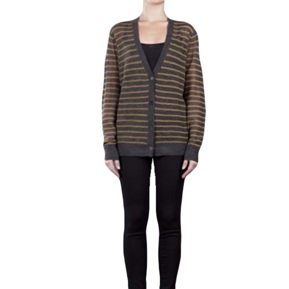 NWOT T ALEXANDER WANG Cardigan Women M Grey-Yellow Striped Wool-Blend Thin